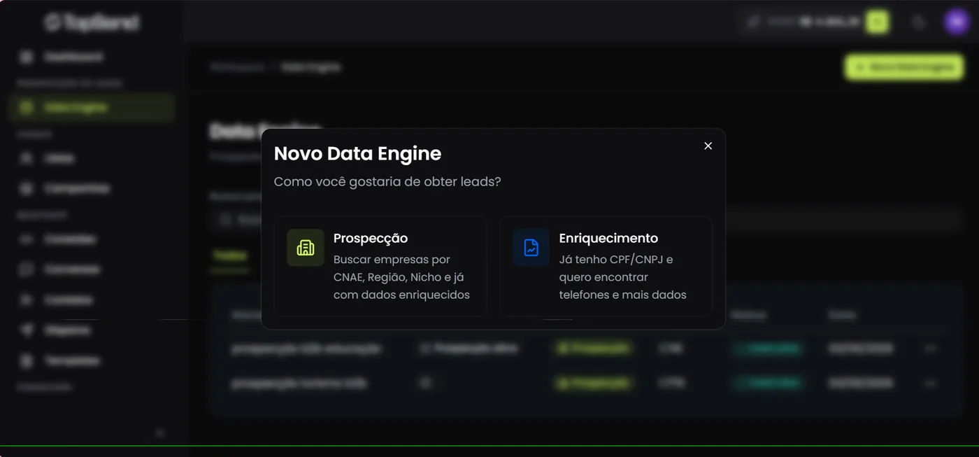 Modal do Data Engine na plataforma TopSend